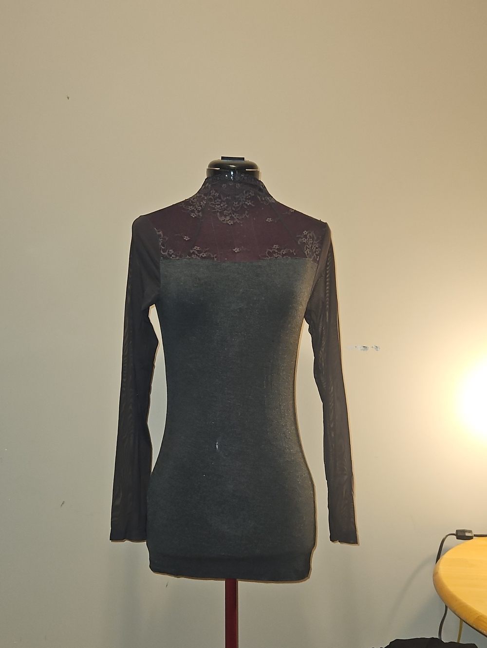 Women's Long Sleeve Top with Lace Yoke And Sheer Sleeves
